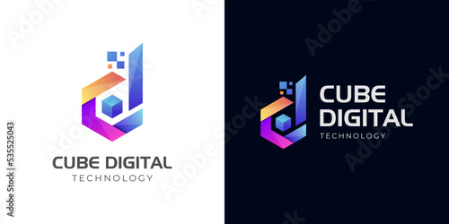 initial letter D cube digital tech logo design for Business corporate letter D logo design. geometric colorful D logo with hexagon technology logo symbol