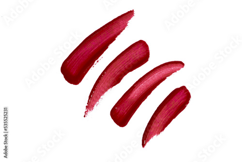 Deep red lipstick smear smudge swatch collection isolated on white background. Lip gloss texture.