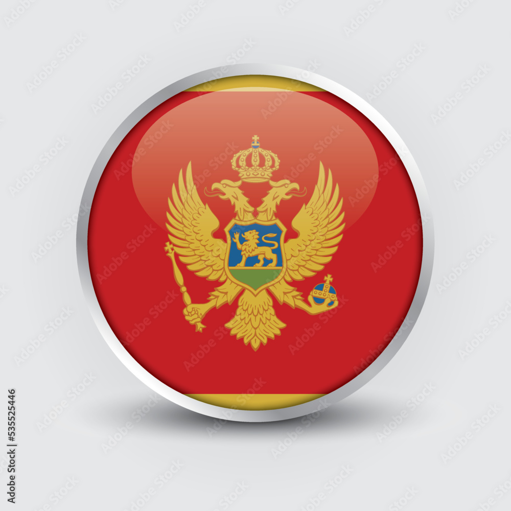 Montenegro round flag design is used as badge, button, icon with reflection of shadow. Icon country. Realistic vector illustration. Montenegro round flag design is used as badge, button, icon with reflection of shadow. Icon country. Realistic vector illustration.