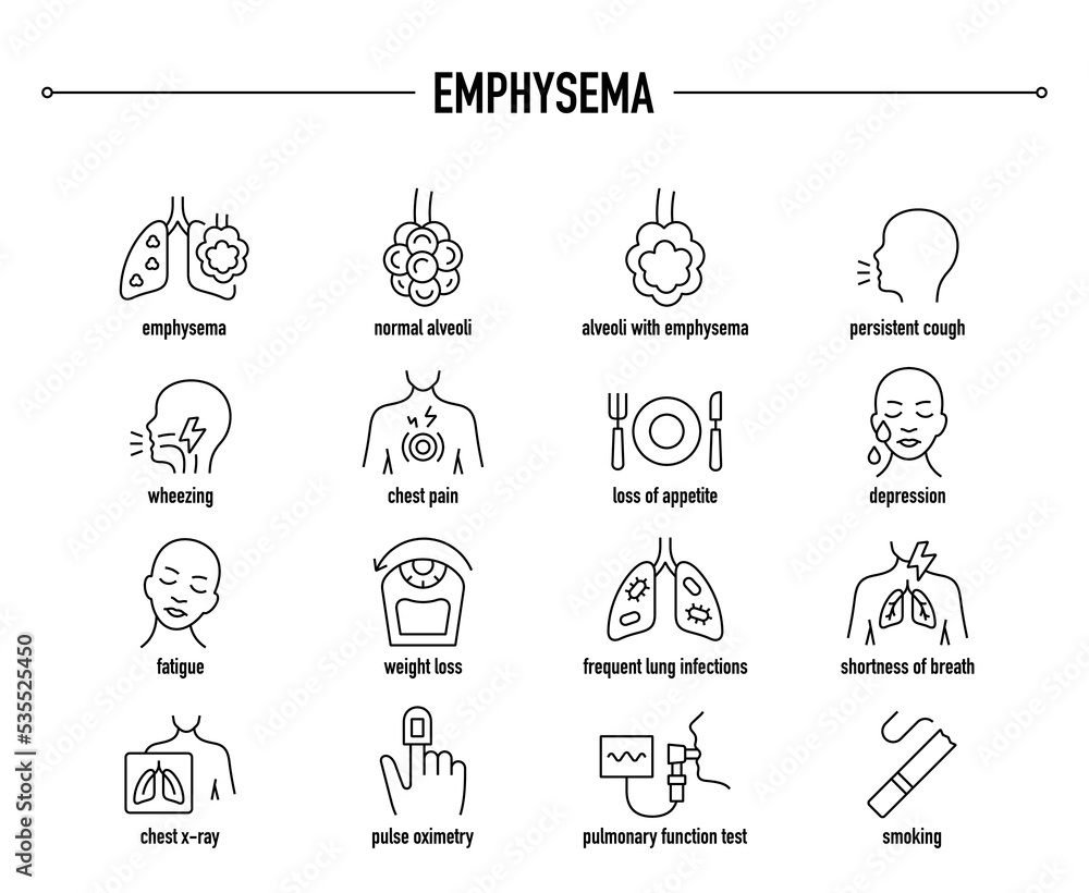 Emphysema vector icon set. Line editable medical icons. Emphysema vector icon set. Line editable medical icons.