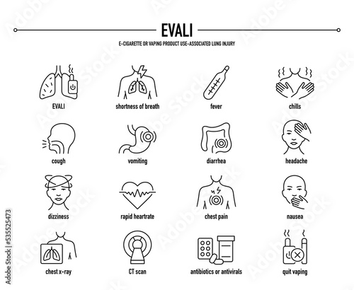 EVALI, e-cigarette or vaping product use-associated lung injury vector icon set. Line editable medical icons.