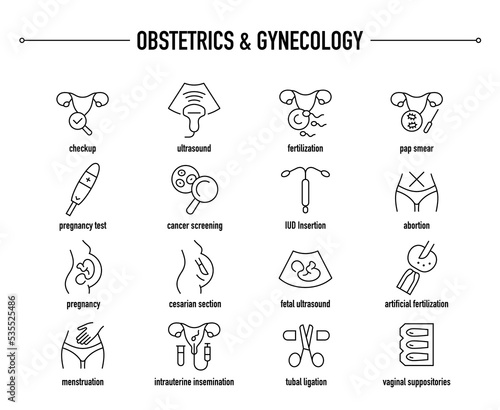 Obstetrics and gynecology vector icon set. Line editable medical icons.