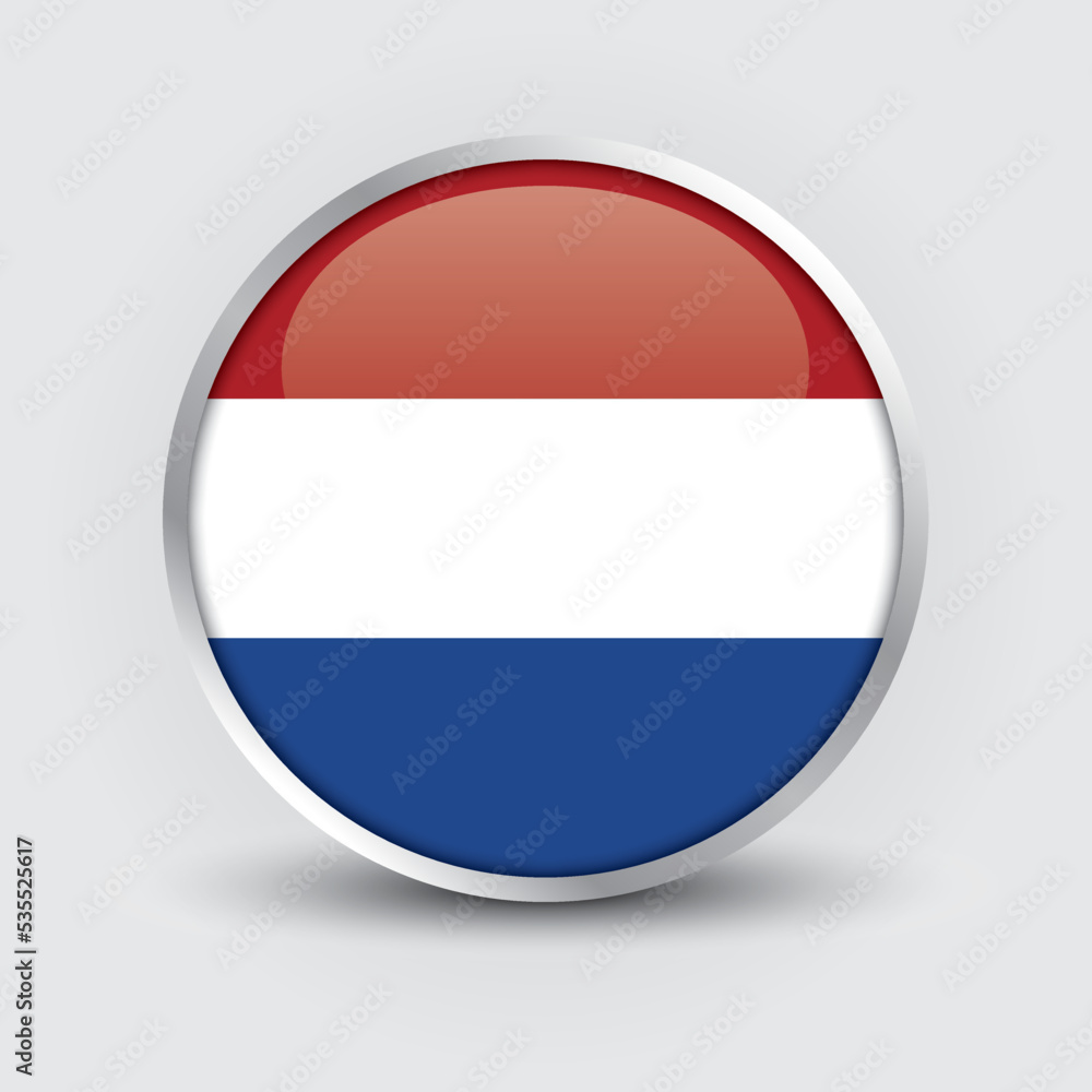 Netherlands round flag design is used as badge, button, icon with reflection of shadow. Icon country. Realistic vector illustration. Netherlands round flag design is used as badge, button, icon with reflection of shadow. Icon country. Realistic vector illustration.