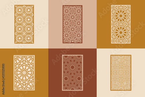 Set of ornamental islamic arabesque windows and doors. Arabic traditional architecture Geometric Pattern. Set of decorative vector panels or screens for laser cutting.