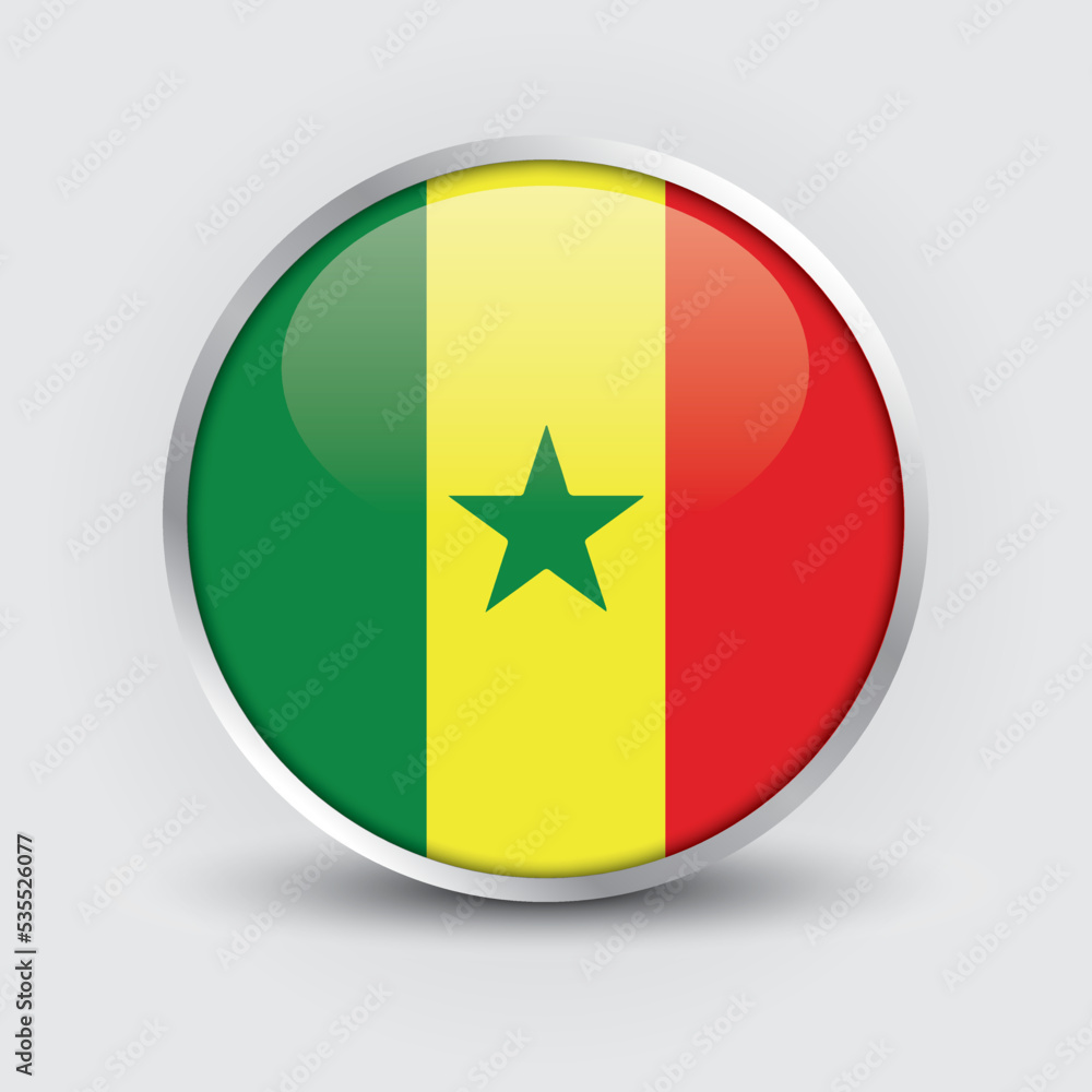 Senegal round flag design is used as badge, button, icon with reflection of shadow. Icon country. Realistic vector illustration. Senegal round flag design is used as badge, button, icon with reflection of shadow. Icon country. Realistic vector illustration.