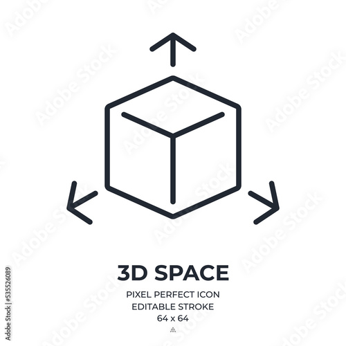 3D space editable stroke outline icon isolated on white background flat vector illustration. Pixel perfect. 64 x 64.