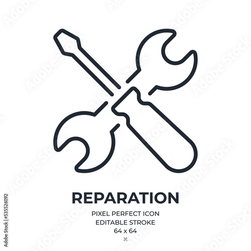 Screwdriver and wrench repair concept editable stroke outline icon isolated on white background flat vector illustration. Pixel perfect. 64 x 64.