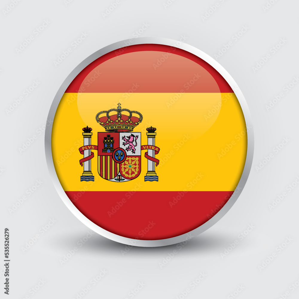 Spain round flag design is used as badge, button, icon with reflection of shadow. Icon country. Realistic vector illustration.