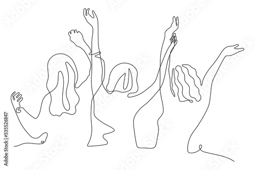 Linear drawing group of women. Hands up. Group of Applause people, Continuous one Line vector illustration. People standing at concert, meeting. Concept of happy Audience.