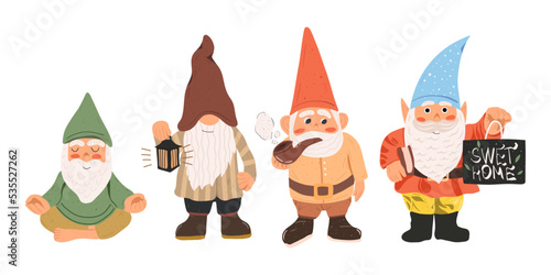 Collection cute funny garden gnomes vector flat illustration. Set of cute fairytale characters. Bundle of lawn ornaments or decorations. Flat cartoon vector illustration.