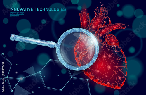 Healthy human heart beats 3d medicine model low poly. Triangle connected dots glow point red background. Pulse internal body modern anatomical shape innovative technology render vector illustration