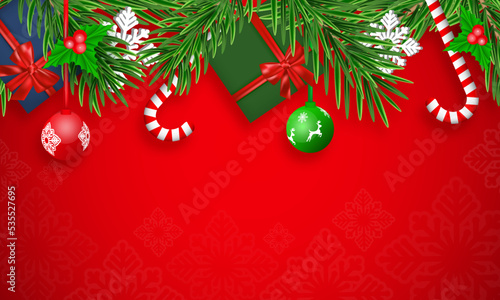 Christmas vector red winter holiday background with pine needles  magic wands  holly berries  gifts with ribbon and snowflakes.