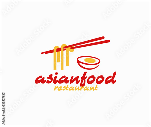 Organic chinese food logo design. Udon stir fry noodles and boiled egg vector design. Tasty asian soup with chopstick logotype