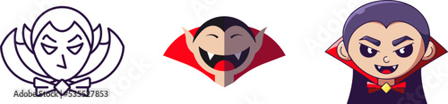 Halloween elements. Vector icon set of vampire is drawn in line, flat and cartoon styles. Perfect for apps, books, articles, stores, shops, adverts