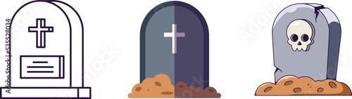 Halloween elements. Vector icon set of gravestone is drawn in line, flat and cartoon styles. Perfect for apps, books, articles, stores, shops, adverts