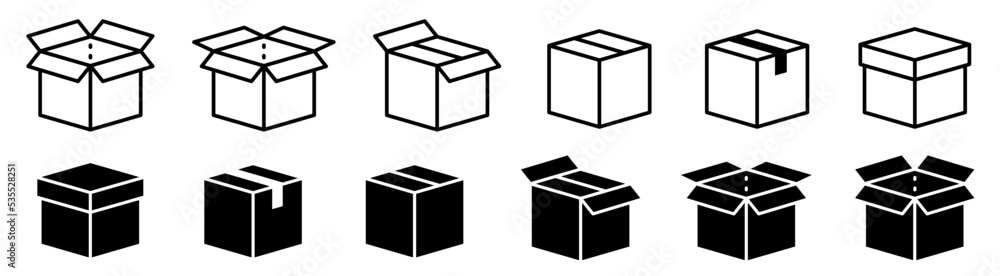 Box icons set.Shipping, delivery box or container icons. Carton box simple icon collection. Delivery symbol Empty open shipping box or unboxing line art
