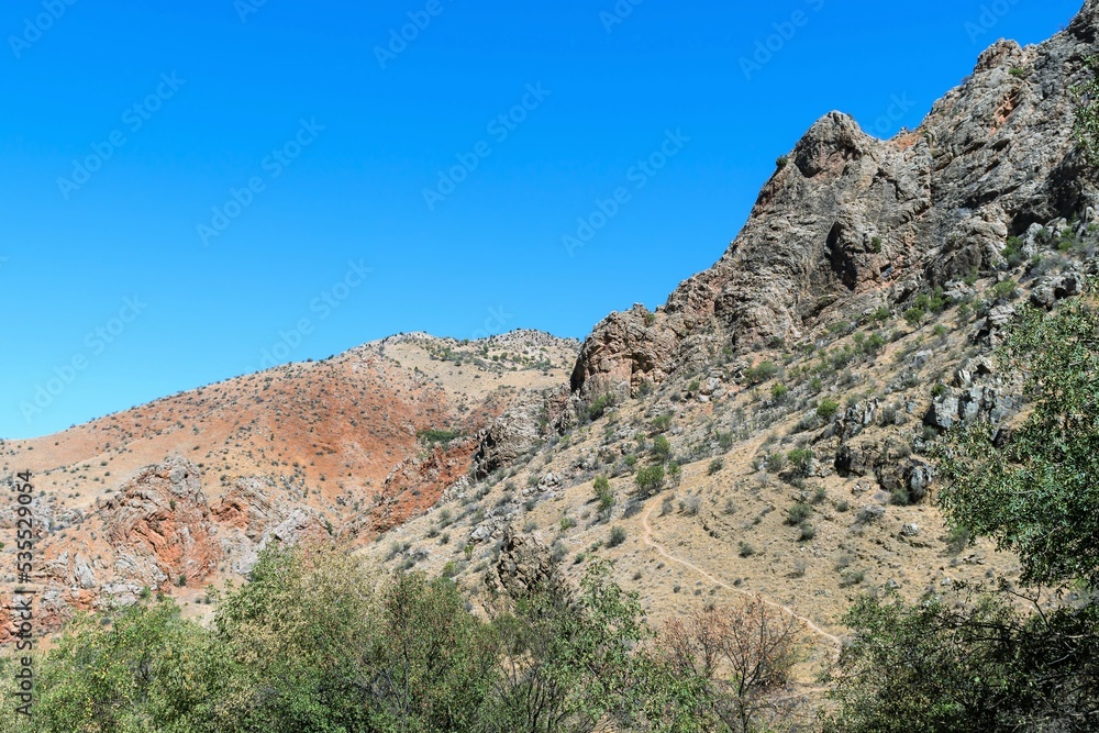Mountain slope with green vegetation against the blue sky.