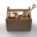 Metal toolbox with tools. Screwdriver, hammer, spanner and wrench. Under construction, maintenance, fix, repair, premium service High quality 3d render isolated on transparent