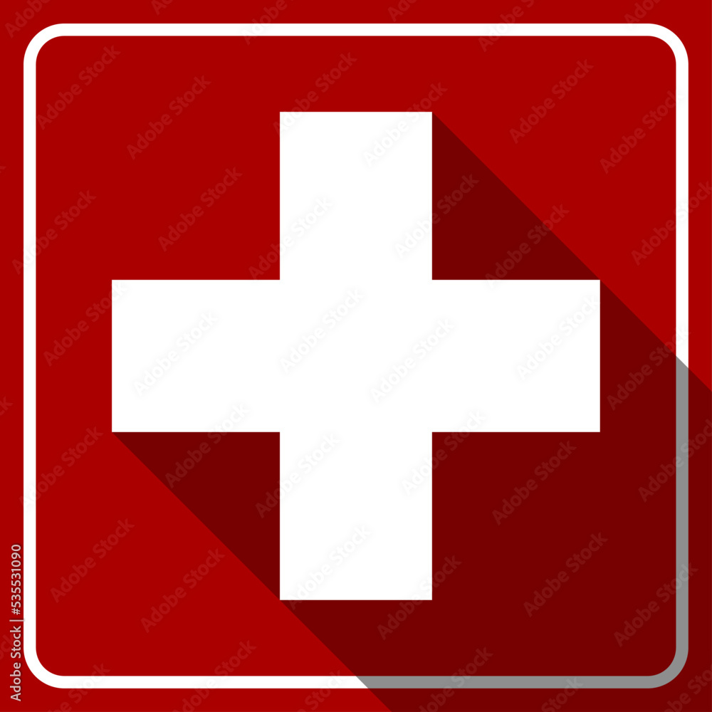 Obraz premium Red and White First Aid Kit Icon with Cross and 3D Style Shadow Effect. Vector Image.