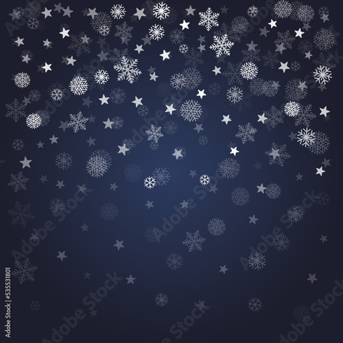 Christmas snow vector background. Falling snowflakes transparent decoration. New Year Holidays greeting card backdrop.