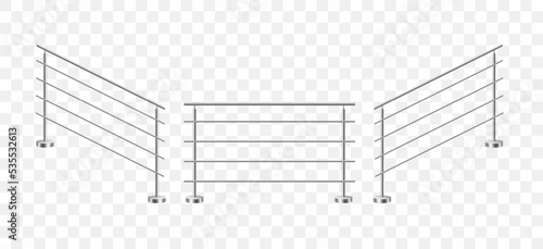Set of realistic stair stainless steel railing. Metal balustrade. Fencing sections with steel poles. 3D vector illustration isolated on transparent background.