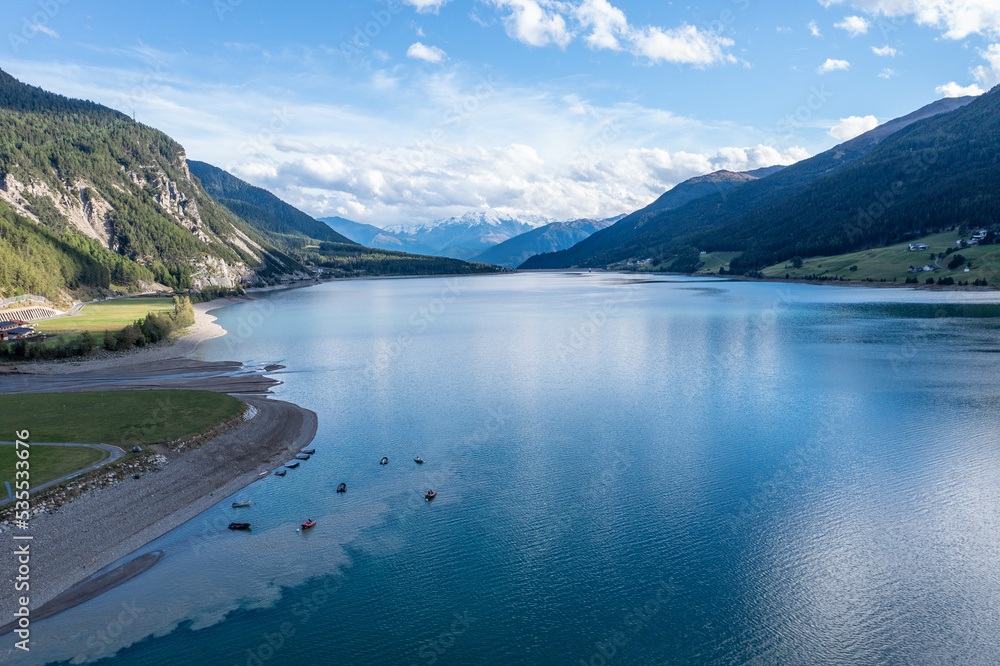 drone flight over Lake Reschensee in South Tyrol drone flight over Lake Reschensee in South Tyrol