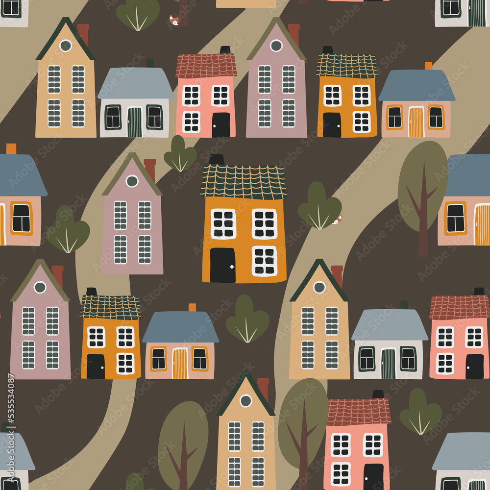 Seamless cartoon houses pattern , Cute cottage houses print, background with cute small houses, trees; Flat little house illustration print, Background for children clothes, wallpaper, stationery