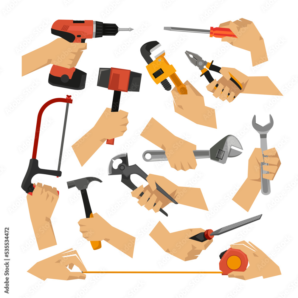 Naklejka premium Hands of craftsmen holding tools vector illustrations set. Collection of cartoon drawings of hands with steel instruments for metal work at factory. Construction, industry, repair service concept