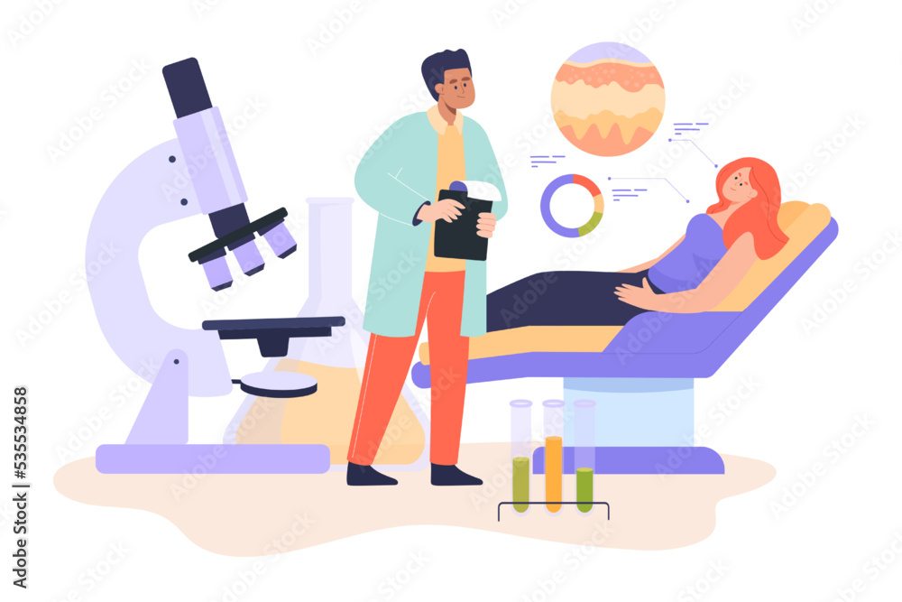 Dermatologist examining female patient with skin problem. Eczema or acne treatment in dermatologist office flat vector illustration. Dermatology, skin care concept for banner or landing web page