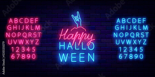Happy halloween neon label. Zombie hand on graveyard. Glowing pink and blue alphabet. Vector stock illustration