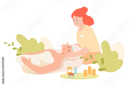 Cosmetologist giving facial massage to woman on white background. Professional beautician and female client in spa salon flat vector illustration. Beauty, cosmetology, treatment concept for banner