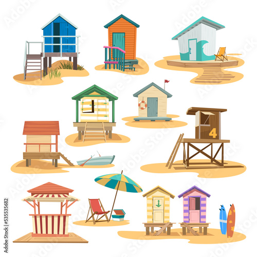 Different beach houses vector illustrations set. Collection of drawings of beach huts with door and window, life buoy, boat with paddles on white background. Summer, traveling, holidays concept