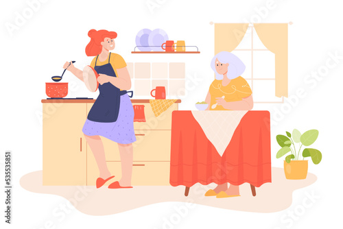 Cartoon woman cooking for senior mother in kitchen. Female character taking care of elder or aged person flat vector illustration. Family, care concept for banner, website design or landing web page