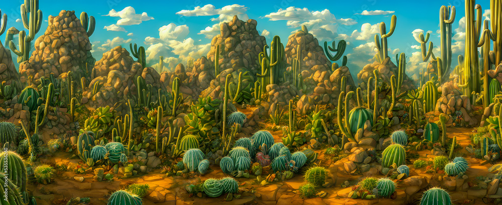Artistic concept painting of a cacti on the desert, background illustration.