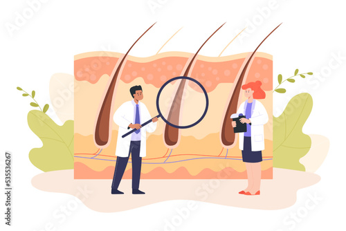 Team of tiny dermatologists examining hairs. Cartoon doctors giving hair transplants flat vector illustration. Cosmetology, dermatology concept for banner, website design or landing web page