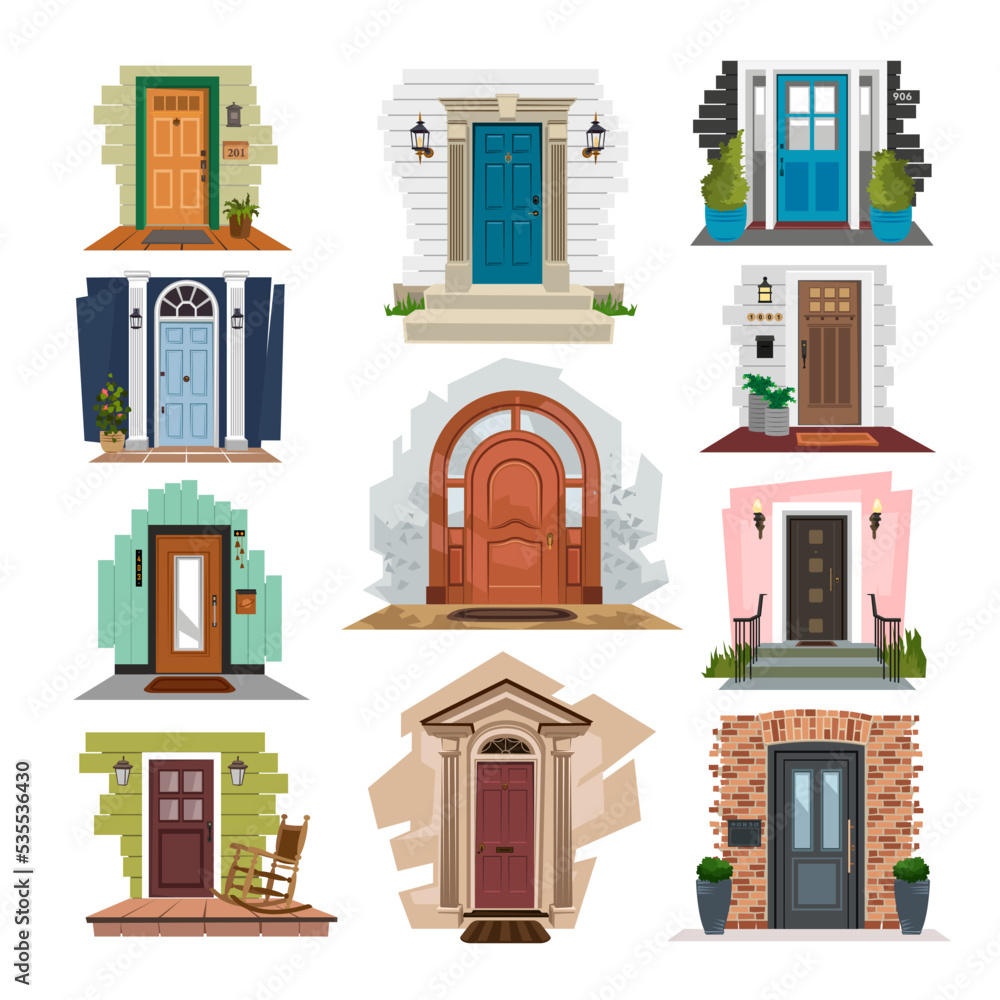 Different porches flat vector illustrations set. House or apartment entrances, brick walls with plants or flowers and lamps around wooden doors isolated on white background. Exterior design concept