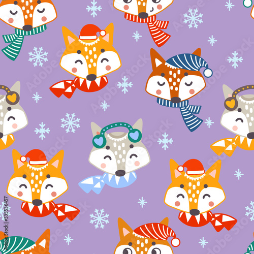 Seamless pattern christmas fox heads background vector illustration purple