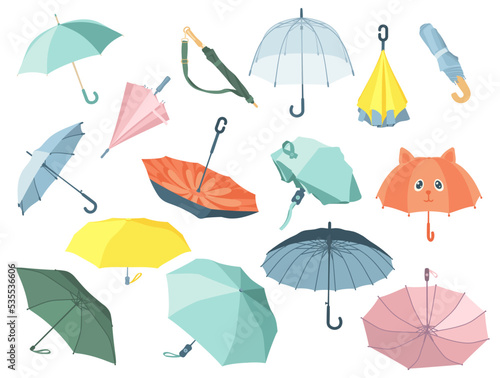Closed and open colorful umbrellas vector illustrations set. Collection of cartoon drawings of cute parasols for autumn, summer or sunshade on white background. Weather, accessories, climate concept