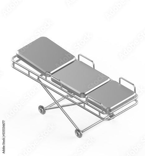 Glossy metal hospital stretcher on wheels isolated on white background isometric 3d rendering on transparent background