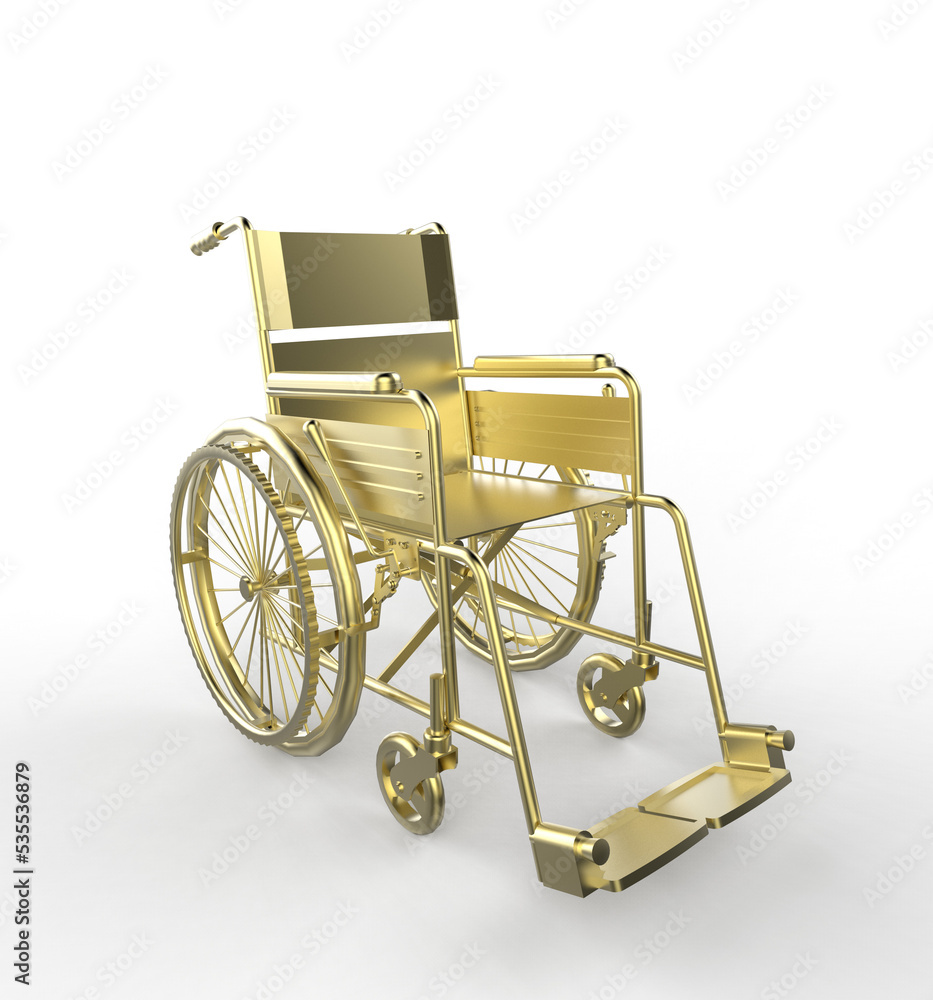 Glossy shiny golden metal wheelchair isolated on light background 3d rendering on transparent background Glossy shiny golden metal wheelchair isolated on light background 3d rendering on transparent background