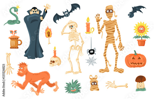 Funny spooky Halloween elements vector illustrations set. Cartoon drawings of vampire character, pumpkin, human skull, bones and skeleton isolated on white background. Halloween, fantasy concept