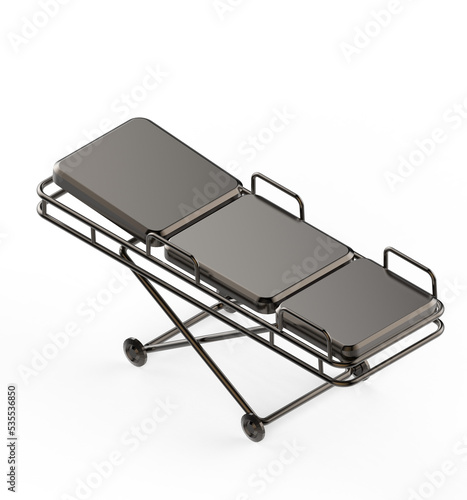 Glossy metal hospital stretcher on wheels isolated on white background isometric 3d rendering on transparent background