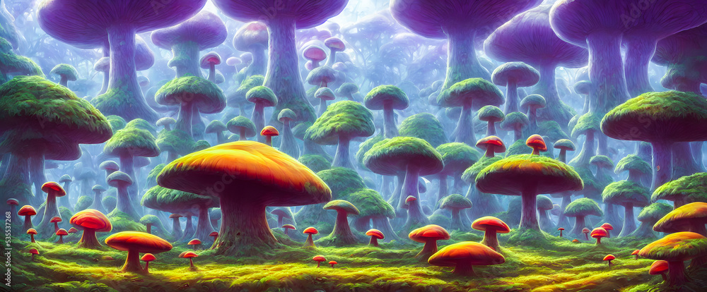 Artistic concept painting of a fabulous mystical mushrooms, background illustration.