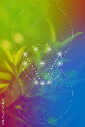 Sacred geometry spiritual new age futuristic illustration with transmutation interlocking circles, triangles and glowing particles