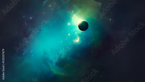 Image of planet in outer space against the background of stars and nebulae   © foldyart1980