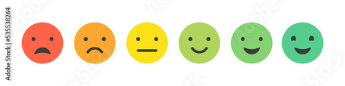 Face feedback. Satisfaction level vector icon. Happy sad good bad customer emotion. Color faces we want your feedback.