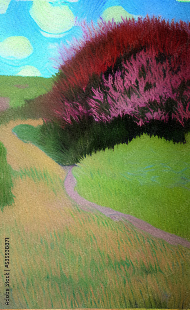 Rural landscape digital painting in Van Gogh style
