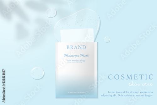 Cosmetics and mask ads template on blue background with essence.