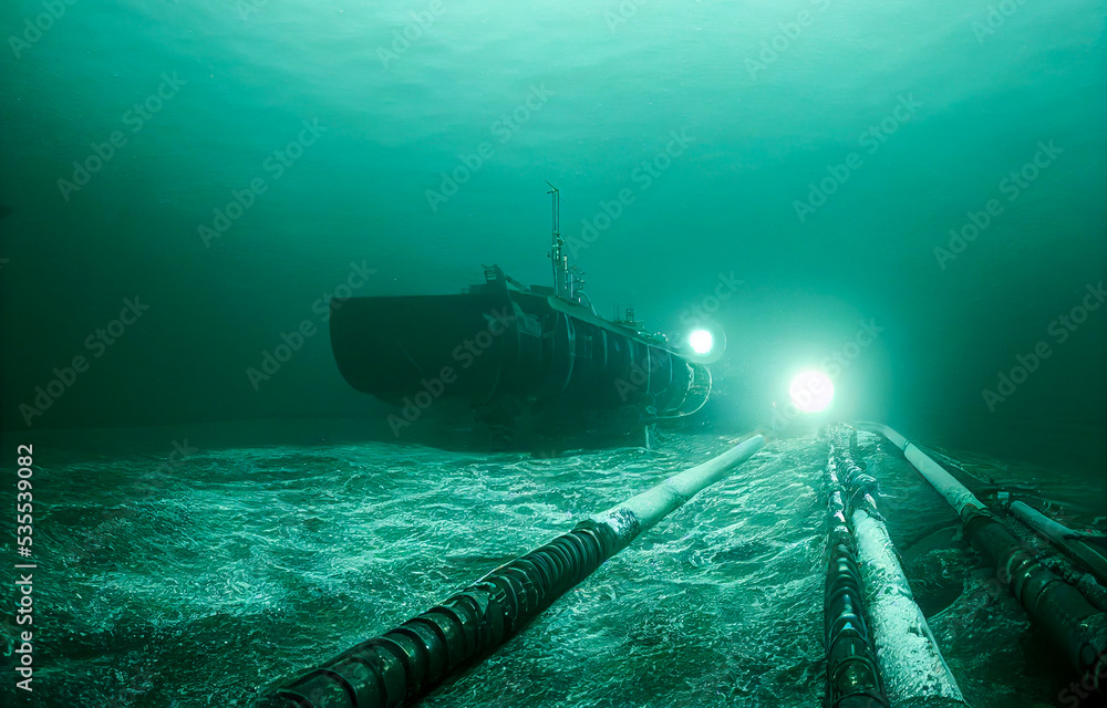 How to repair underwater gas pipelines, under the sea, and seal leaks, digital image Stock