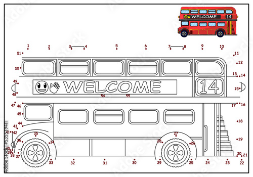 Educational puzzle game for kids: number game. Automobile. Page coloring. Outline of a cartoon car. Coloring book for children. cars.